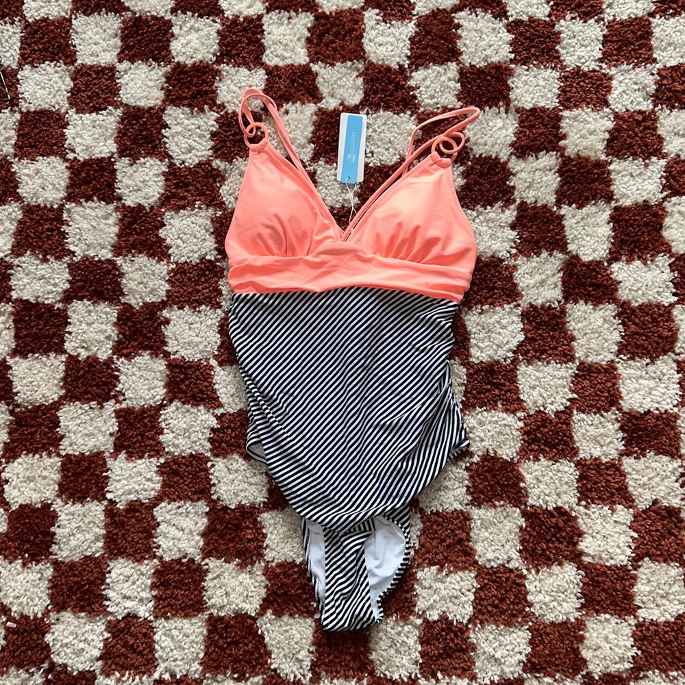 Cupshe One Piece Swimsuit - Coral and Black Stripes NWT